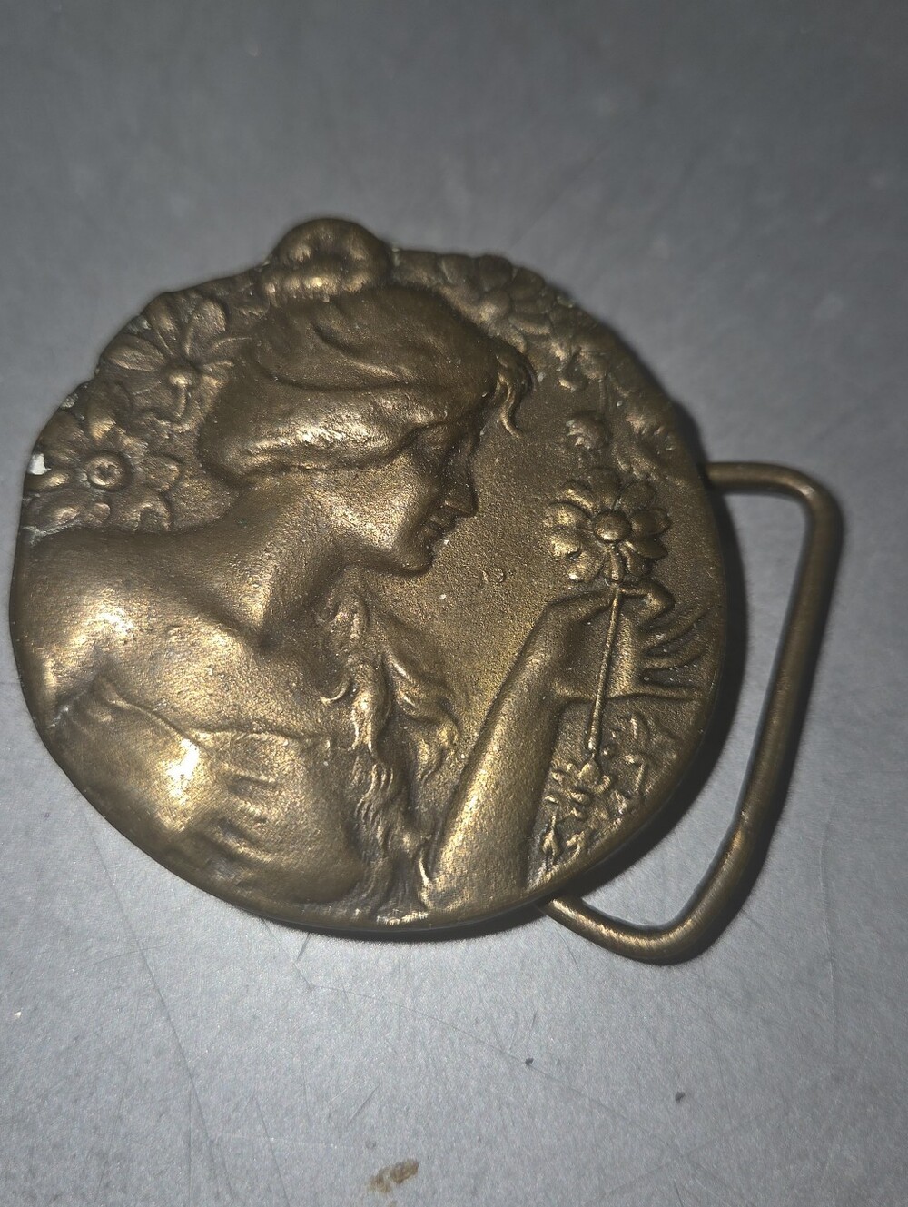 Vintage AJ Dezy Denver 70s Cast Nouveau Woman Belt Buckle 2”